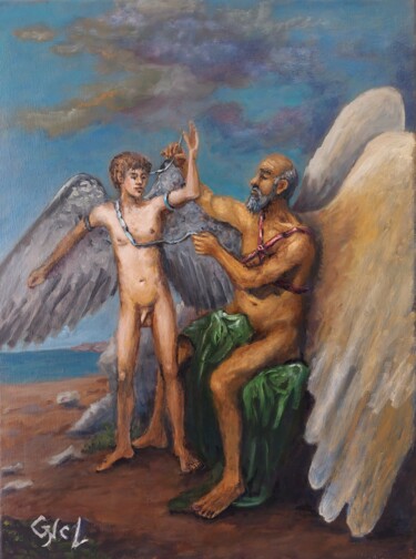 Schilderij getiteld "Daedalus n' Icarus" door Giorgos Nicolaou (Gncl), Origineel Kunstwerk, Olie Gemonteerd op Frame voor ho…