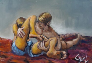 Painting titled "Wrestling" by Giorgos Nicolaou (Gncl), Original Artwork, Oil