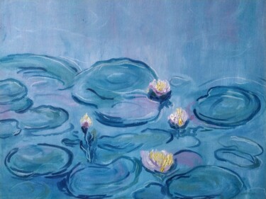 Painting titled "Water lilies. Blue…" by Svetlana Gorina, Original Artwork, Oil Mounted on Wood Stretcher frame