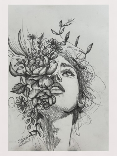 Рисунок под названием "Femme aux fleurs VI…" - Giovanni.D, Подлинное произведение искусства, Карандаш