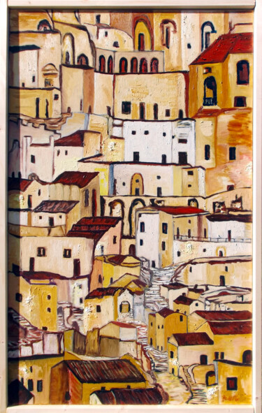 Painting titled "La città verticale" by Giuseppe Pallitto, Original Artwork, Oil