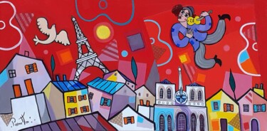 Ζωγραφική με τίτλο "Ciel rouge sur Paris" από Giuseppe Piermattéo, Αυθεντικά έργα τέχνης, Ακρυλικό