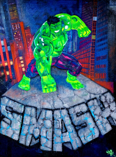 Schilderij getiteld "Hulk SMASH" door Giuseppe Valia, Origineel Kunstwerk, Graffiti Gemonteerd op Frame voor houten brancard