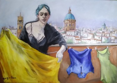Painting titled "PANNI AL SOLE" by Giuseppina Federico, Original Artwork, Oil Mounted on Wood Stretcher frame