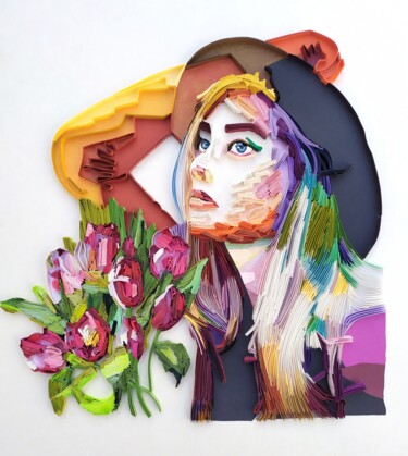 Skulptur mit dem Titel "The girl with hat" von Glimpsecraft Priyanka, Original-Kunstwerk, Papier