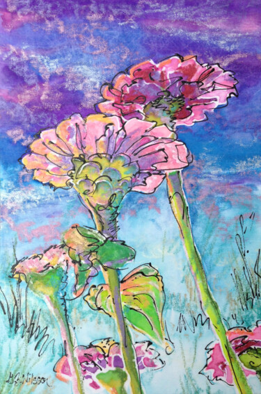 Painting titled "Zinnias at Dusk" by Gloria Nilsson, Original Artwork, Other