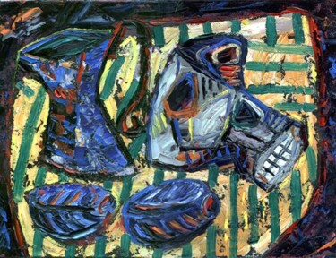 Schilderij getiteld "Кувшин, череп, сливы" door Kley, Origineel Kunstwerk, Olie