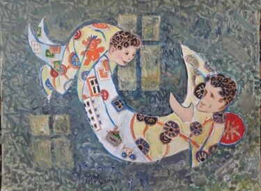 Schilderij getiteld "Father and son" door Gochmuradov Gahryman, Origineel Kunstwerk, Olie