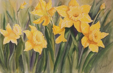 Pittura intitolato ""The yellow daffodi…" da Valeriia Kempi, Opera d'arte originale, Acquarello