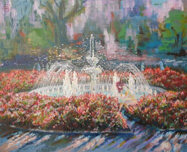 Painting titled "Fountain in the Cit…" by Sergei Gontarovskii (Serhii Hontarovskyi), Original Artwork, Oil Mounted on Wood S…