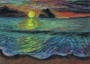 Drawing titled "Green waves at suns…" by Svetlana Gudilova, Original Artwork, Pastel