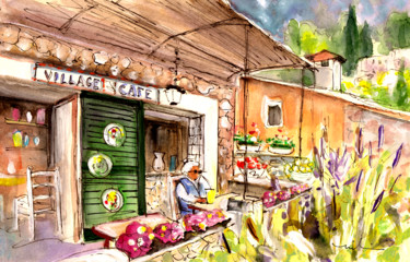 Ζωγραφική με τίτλο "The Village Cafe In…" από Miki De Goodaboom, Αυθεντικά έργα τέχνης, Ακουαρέλα