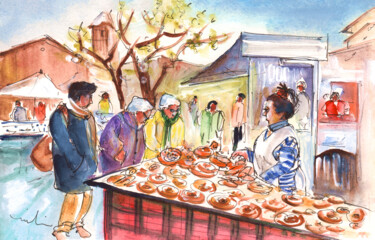 Painting titled "Sineu Market 04" by Miki De Goodaboom, Original Artwork, Watercolor