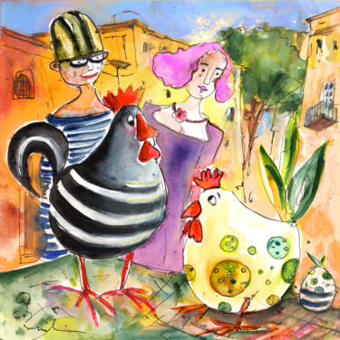 Painting titled "The Chicken From Ta…" by Miki De Goodaboom, Original Artwork, Watercolor