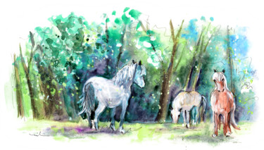 Pintura intitulada "Horses in Betws-y-c…" por Miki De Goodaboom, Obras de arte originais, Aquarela