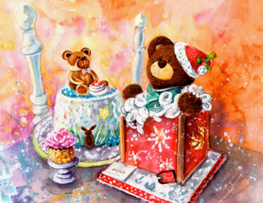 Painting titled "Chocolate Bear Cake…" by Miki De Goodaboom, Original Artwork, Watercolor