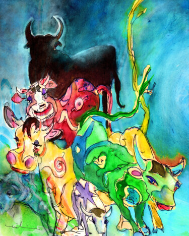 Malerei mit dem Titel "Bulls From Toledo" von Miki De Goodaboom, Original-Kunstwerk, Aquarell