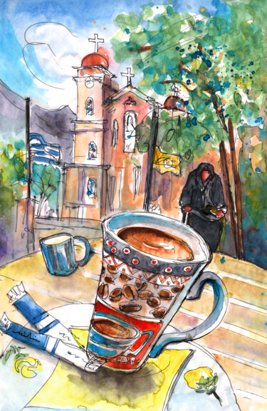 Painting titled "Coffee Break in Nea…" by Miki De Goodaboom, Original Artwork, Watercolor