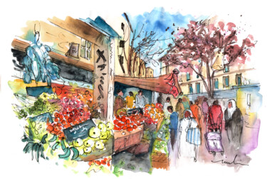 Schilderij getiteld "Market In Marseille…" door Miki De Goodaboom, Origineel Kunstwerk, Aquarel