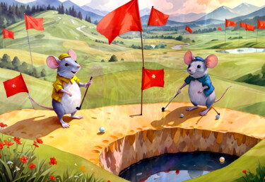 Artes digitais intitulada "Mice Love Golf 02" por Miki De Goodaboom, Obras de arte originais, Pintura digital