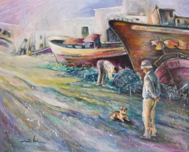 Painting titled "Boats Yard in Villa…" by Miki De Goodaboom, Original Artwork, Oil