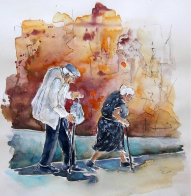 Malarstwo zatytułowany „Old couple in Lisbon” autorstwa Miki De Goodaboom, Oryginalna praca, Akwarela