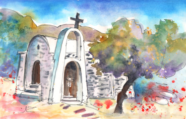 Painting titled "Little Church in El…" by Miki De Goodaboom, Original Artwork, Watercolor