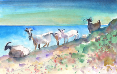 Peinture intitulée "Goats in Agia Galini" par Miki De Goodaboom, Œuvre d'art originale, Aquarelle