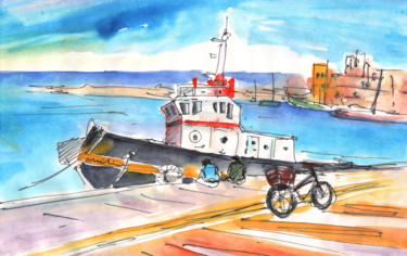 Painting titled "Boat in Heraklion" by Miki De Goodaboom, Original Artwork, Watercolor