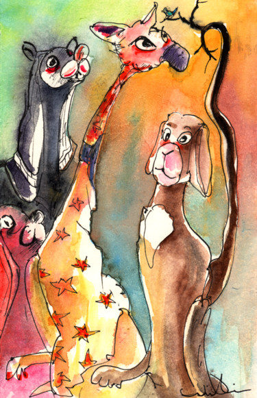 Картина под названием "Dogs and Giraffe fr…" - Miki De Goodaboom, Подлинное произведение искусства, Акварель