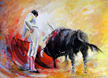 Peinture intitulée "Bull in Yellow Light" par Miki De Goodaboom, Œuvre d'art originale, Huile