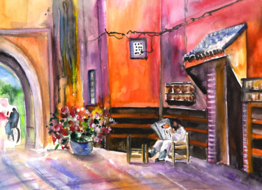 Painting titled "Reading The News in…" by Miki De Goodaboom, Original Artwork, Watercolor