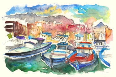 Painting titled "Boats in Porticello…" by Miki De Goodaboom, Original Artwork, Watercolor