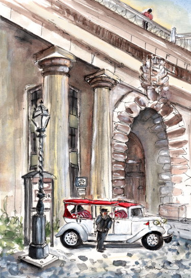 Painting titled "A Beautiful Taxi In…" by Miki De Goodaboom, Original Artwork, Watercolor