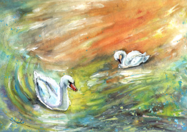 Schilderij getiteld "Swans From Bergamo" door Miki De Goodaboom, Origineel Kunstwerk, Aquarel