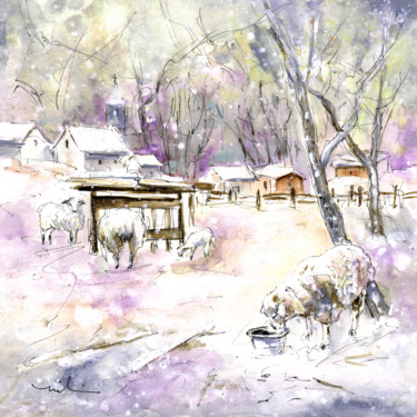 「Sheep In Snow In Ge…」というタイトルの絵画 Miki De Goodaboomによって, オリジナルのアートワーク, 水彩画