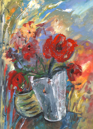 Pintura titulada "Red Flowers In A Wh…" por Miki De Goodaboom, Obra de arte original, Acrílico
