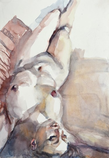 Pintura titulada "Nue sur le lit (Nud…" por Goran Žigolić (watercolors), Obra de arte original, Acuarela