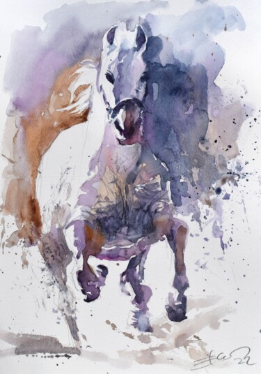 Pintura intitulada "The horse in the sn…" por Goran Žigolić (watercolors), Obras de arte originais, Aquarela
