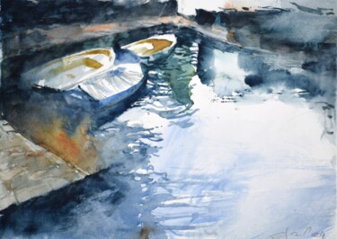 Painting titled "Three boats 2" by Goran Žigolić (watercolors), Original Artwork, Watercolor