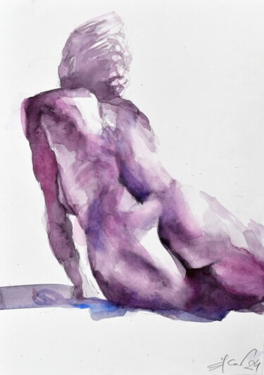 Malerei mit dem Titel "Nude back in purple" von Goran Žigolić (watercolors), Original-Kunstwerk, Aquarell