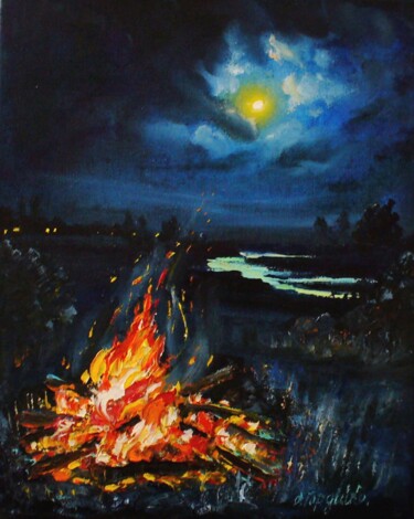 Pittura intitolato "Burning campfire. F…" da Oksana Gordijko, Opera d'arte originale, Olio