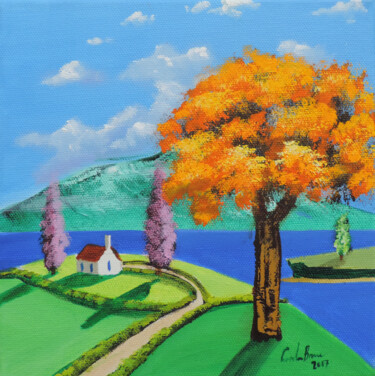Pintura intitulada "Orange tree folk art" por Gordon Bruce, Obras de arte originais, Óleo