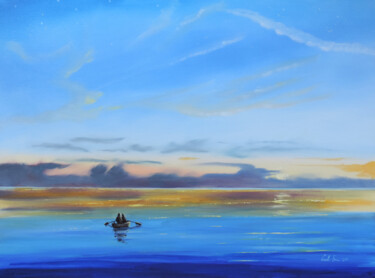 Peinture intitulée "Boat on the sea blue" par Gordon Bruce, Œuvre d'art originale, Huile
