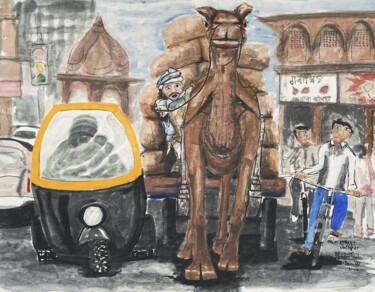 Malerei mit dem Titel "Main Street Jodhpur…" von Gordonartist1, Original-Kunstwerk, Aquarell