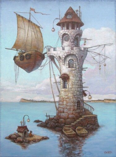 Painting titled "Lighthouse" by Gorg Artist, Original Artwork, Oil Mounted on Wood Stretcher frame