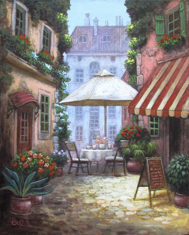 Painting titled "Cafe." by Gorg Artist, Original Artwork, Oil Mounted on Wood Stretcher frame