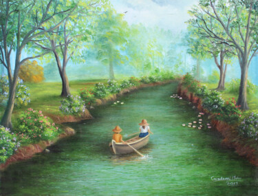Pittura intitolato "Forest Boating Land…" da Goutami Mishra, Opera d'arte originale, Olio