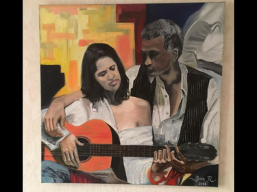 Schilderij getiteld "Ma guitariste" door Gova, Origineel Kunstwerk, Olie