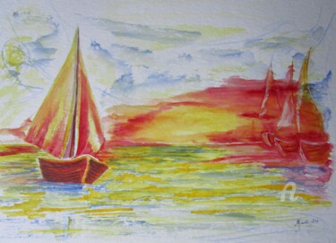 Pittura intitolato "three-sailing-boats…" da Grazyna Hajewski, Opera d'arte originale, Acquarello